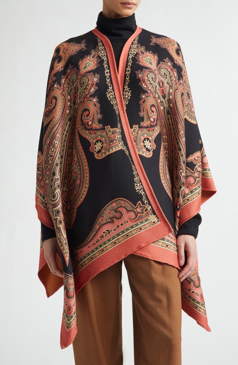Etro Paisley Jacquard Wool Blend Cape, Main, color, Multicolor Black Base