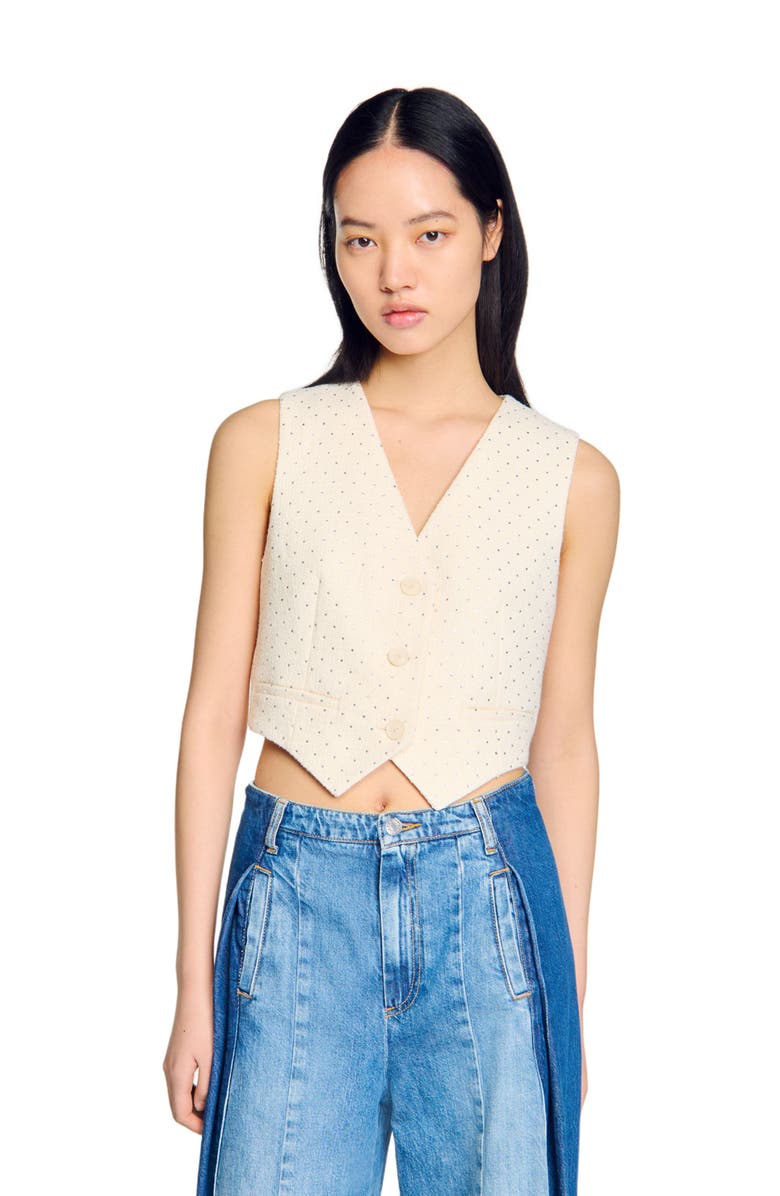 SANDRO Rhinestone tweed jacket, Alternate, color, 