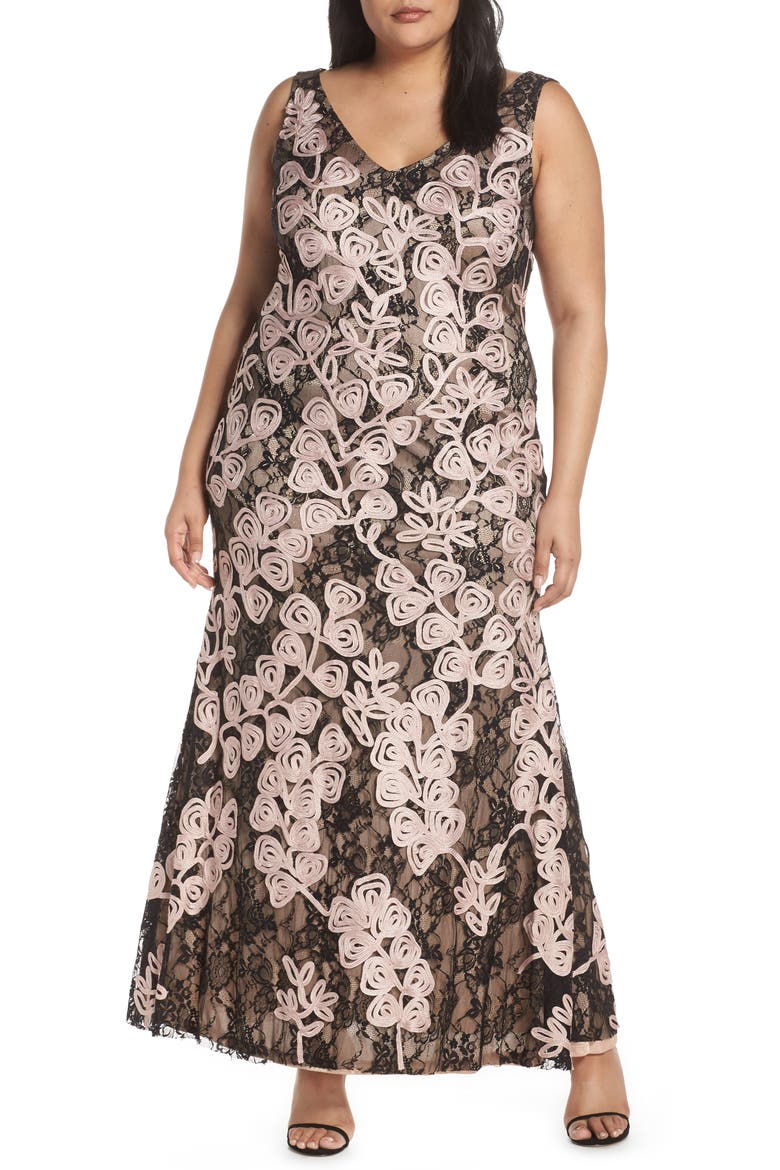 Soutache Embroidered Lace Evening Dress, Main, color, SHELL PINK BLACK