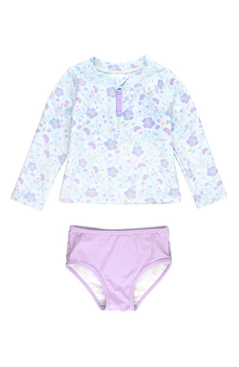 RuffleButts Kids' Fairytale Garden Long Sleeve Two-Piece Rashguard Swimsuit, Main, color, Blue