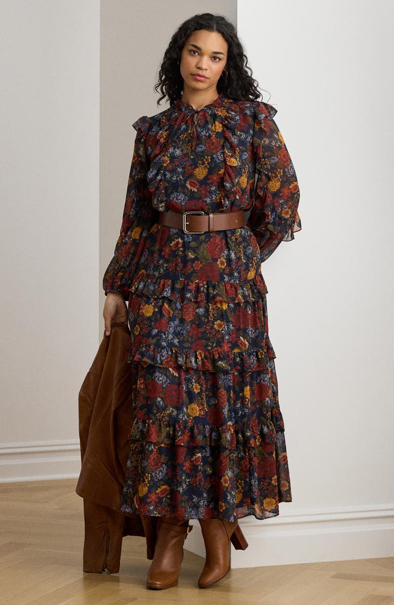Lauren Ralph Lauren Floral Tiered Long Sleeve Crinkled Georgette Dress, Alternate, color, Navy Multi