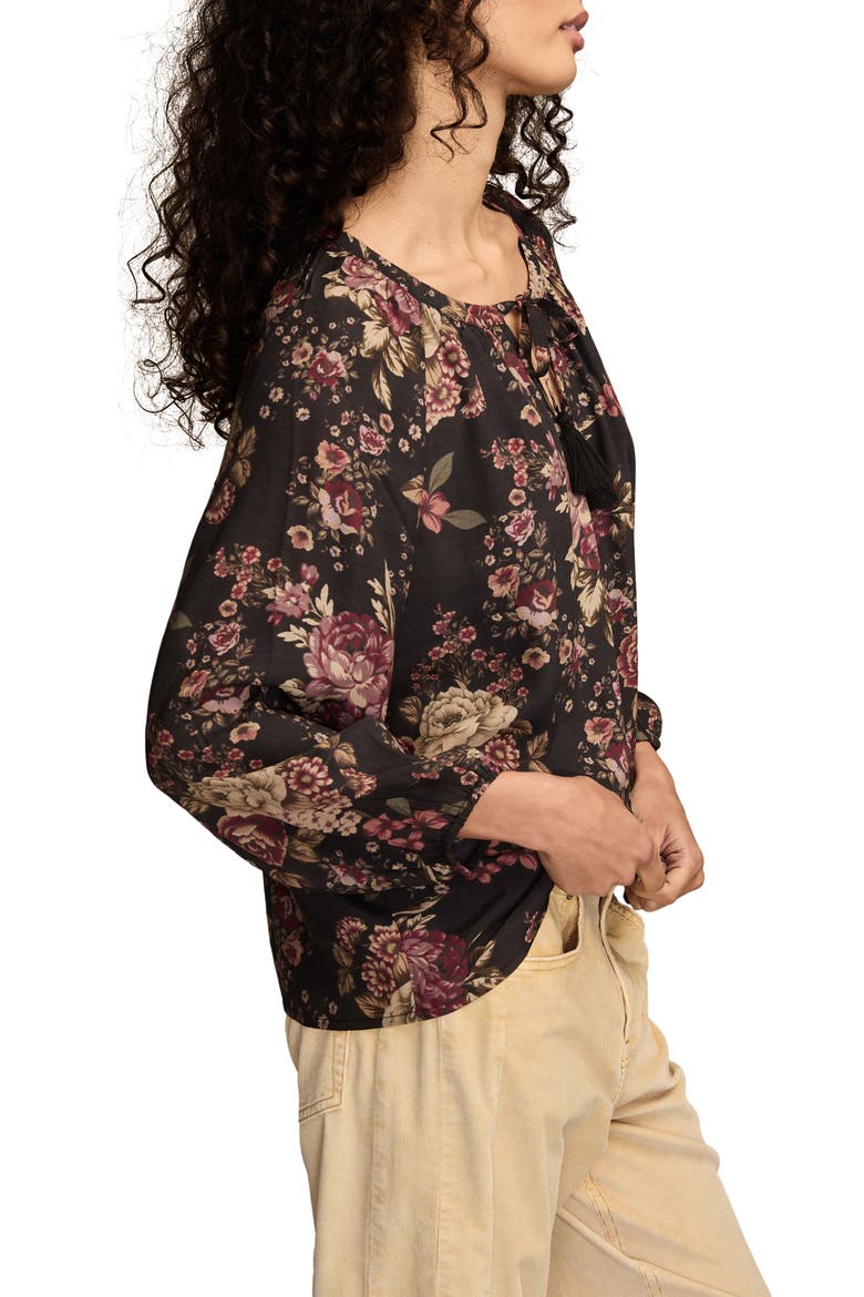 Floral Print Tie Neck Top, Alternate, color, BLACK/ MULTI