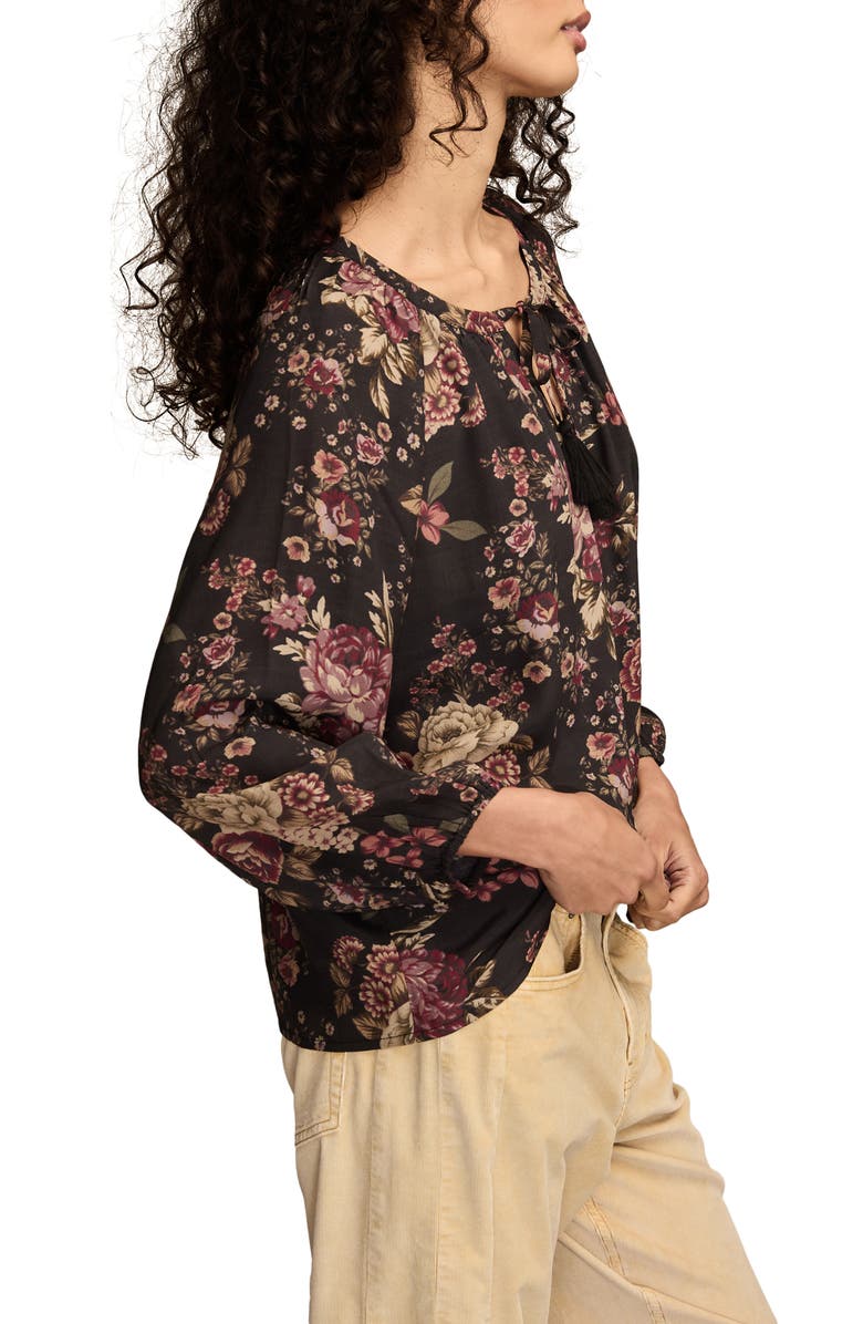 Lucky Brand Floral Print Tie Neck Top, Alternate, color, Black/ Multi