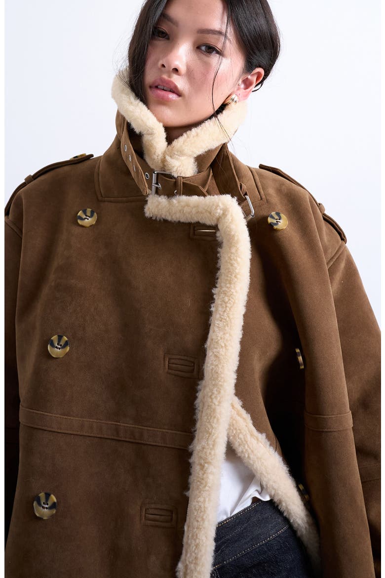 Longline Aviator Faux Shearling Coat, Alternate, color, BROWN