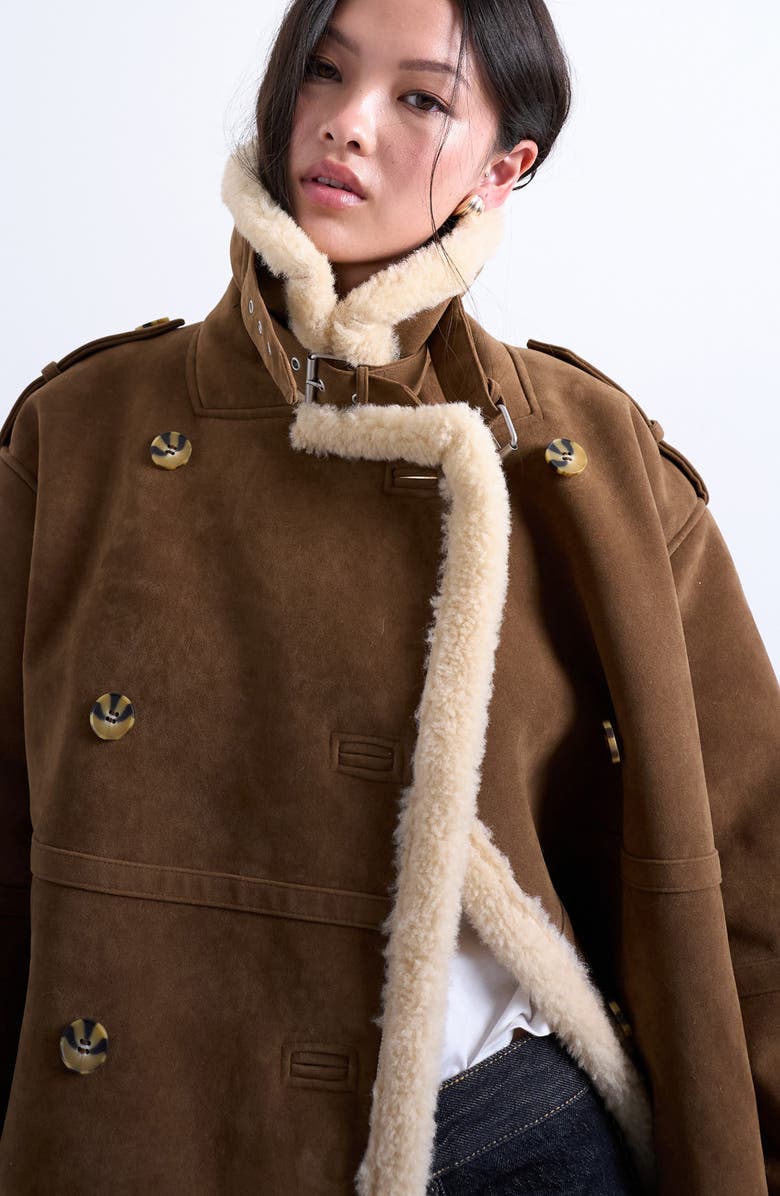 Topshop Longline Aviator Faux Shearling Coat, Alternate, color, Brown
