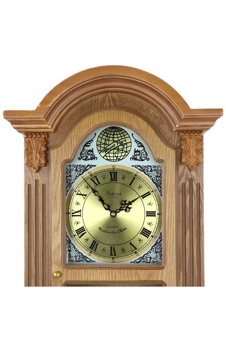 Bedford Clock Collection Honey Oak Chiming Pendulum Wall Clock, Alternate, color, Honey Oak