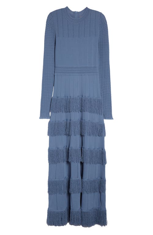 Lela Rose Piper Fringe Long Sleeve Sweater Dress In Blue