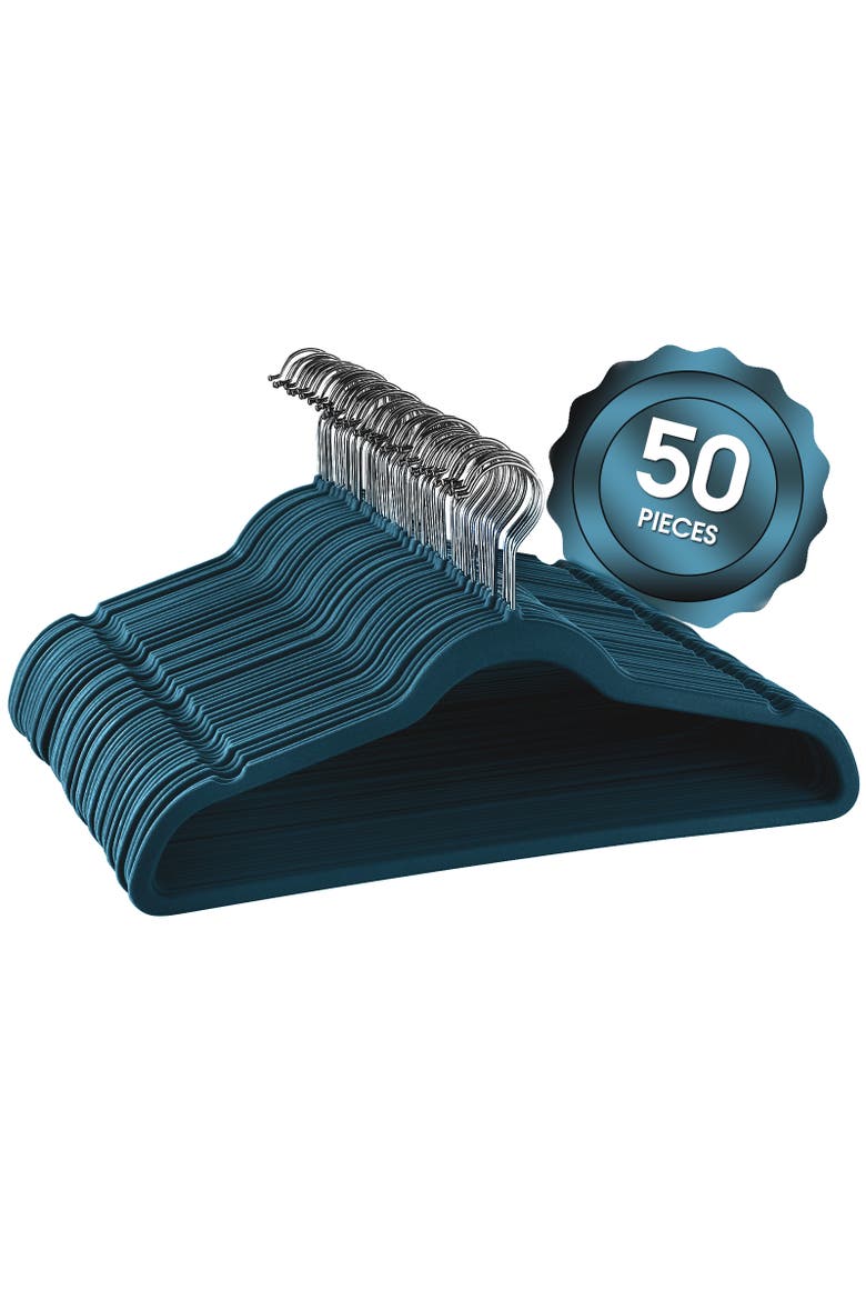 50 Piece Flocked Velvet Clothes Hangers with Stainless Steel Swivel Hooks, Main, color, Blue