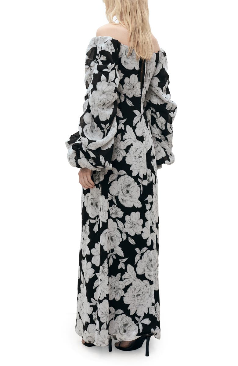 MANGO Floral Off the Shoulder Long Sleeve Maxi Dress, Alternate, color, Black