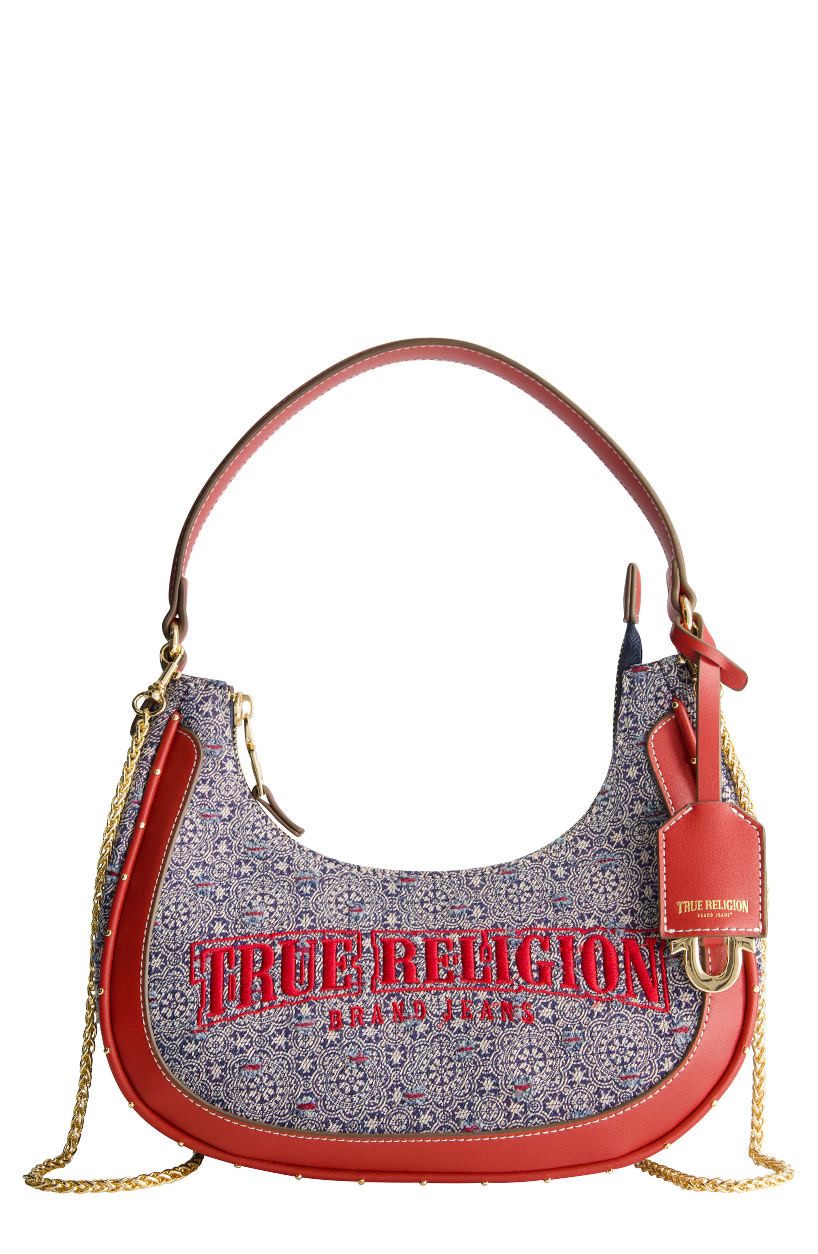 True Religion Logo Small Hobo Bag, Main, color, Red