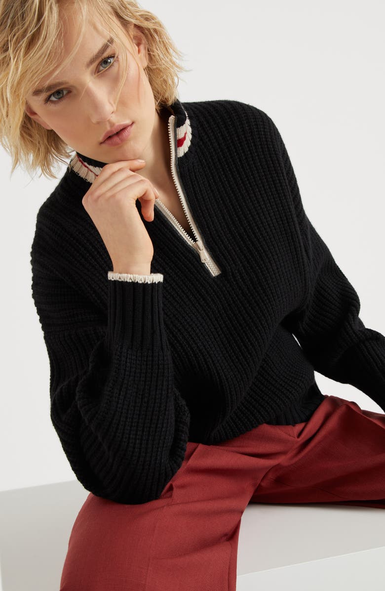 Brunello Cucinelli Cashmere Feather yarn English rib turtleneck sweater with shiny half zip, Alternate, color, 