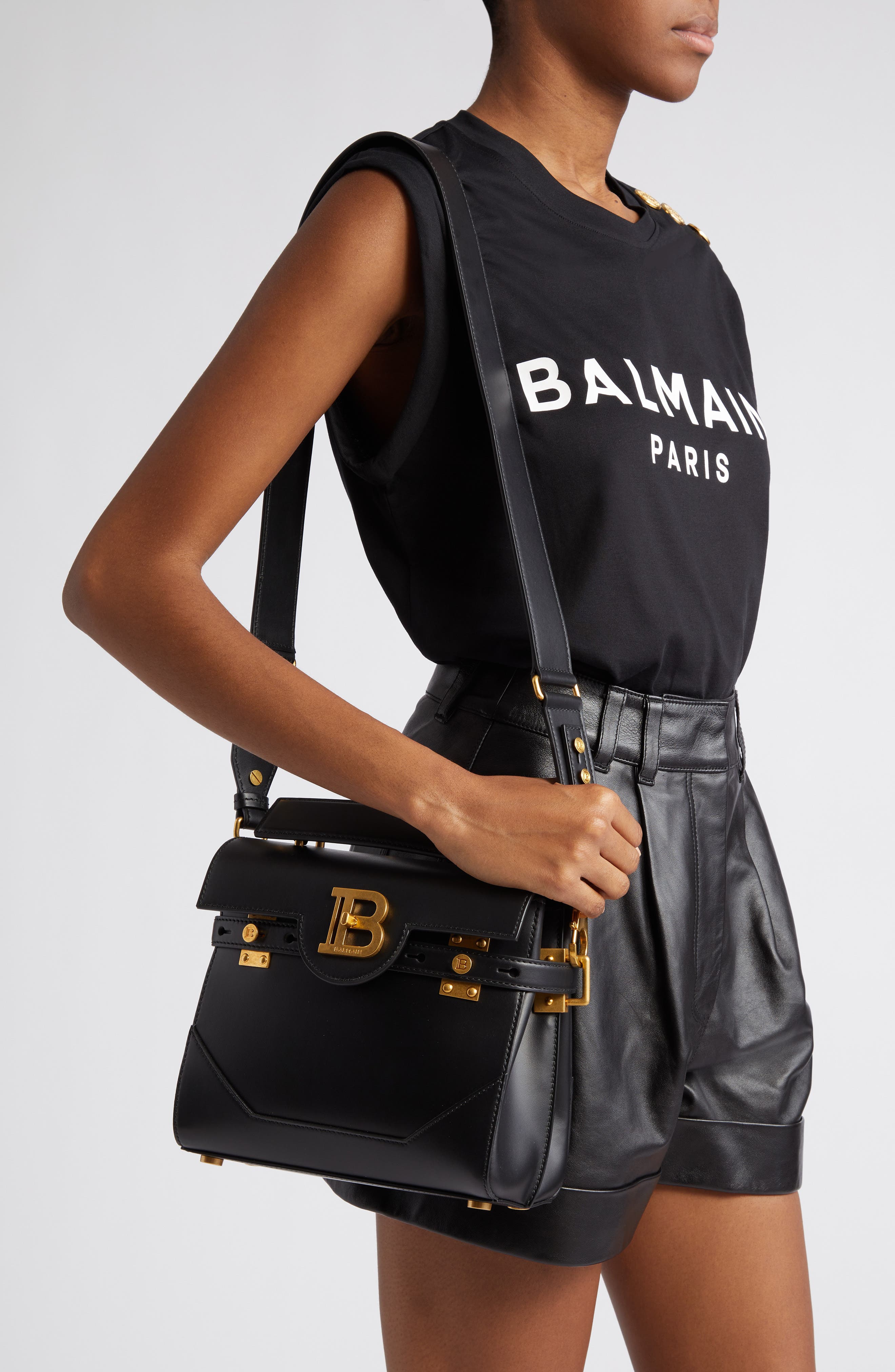 Balmain B-Buzz 23 Monogram Leather Top Handle Bag, Alternate, color, 0Pa Black