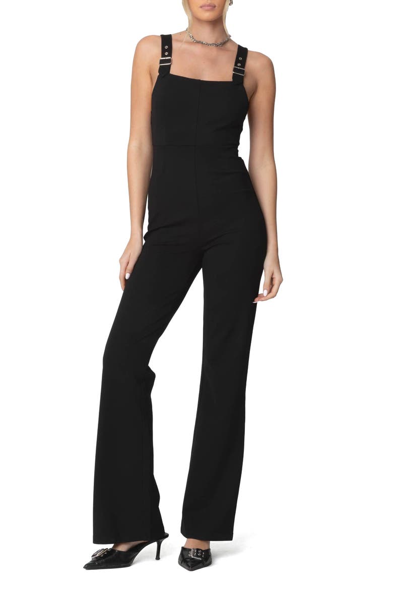 Bianka Buckle Strap Flare Jumpsuit, Main, color, BLACK