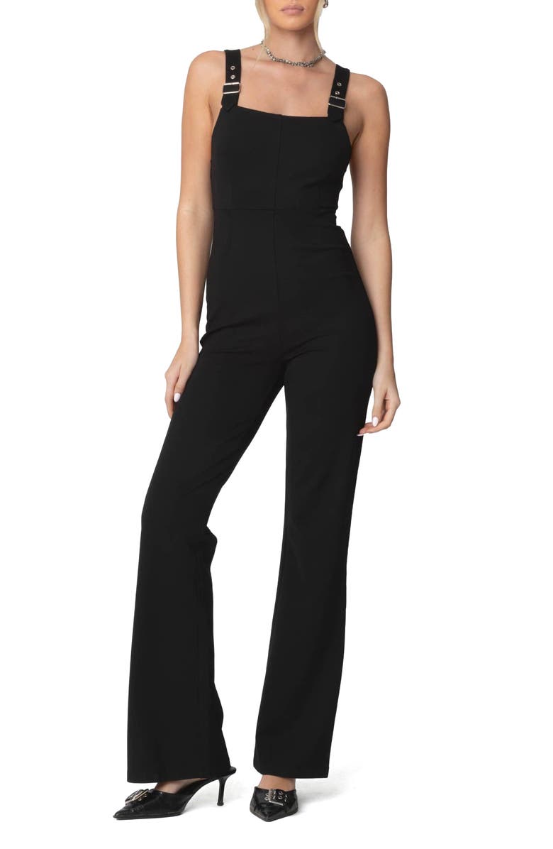 EDIKTED Bianka Buckle Strap Flare Jumpsuit, Main, color, Black