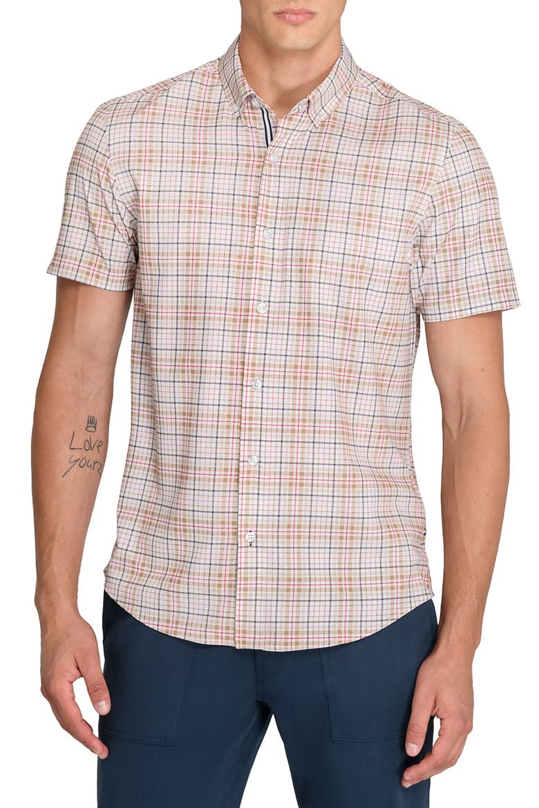 Plaid Woven Short Sleeve Basic, Main, color, TAN