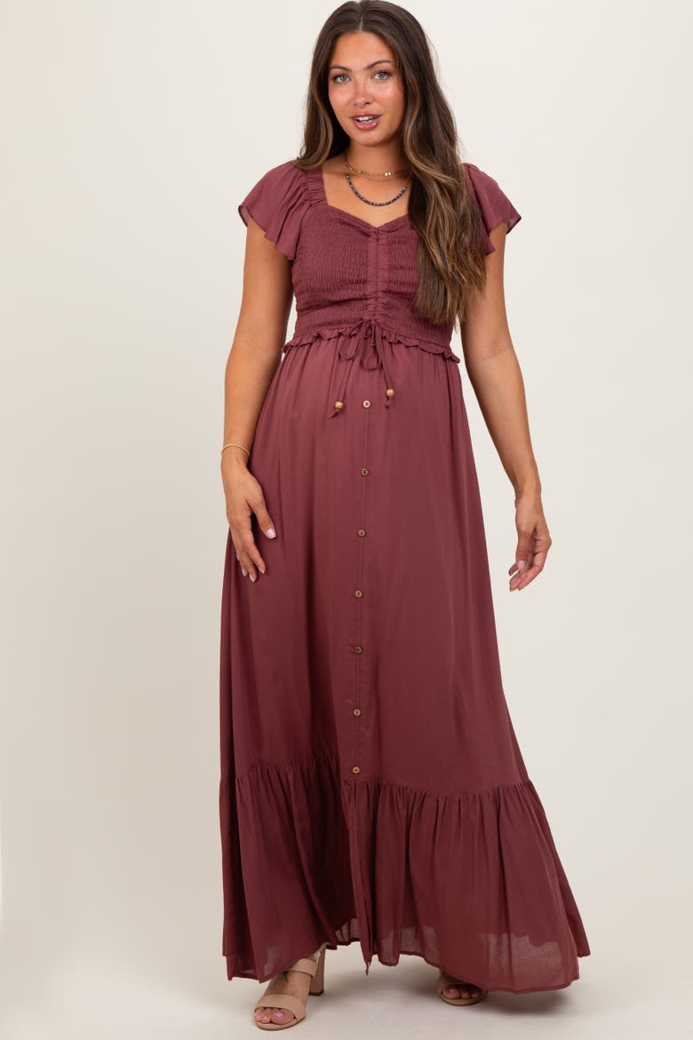 Smocked Top Woven Maxi Dress, Alternate, color, Burgundy