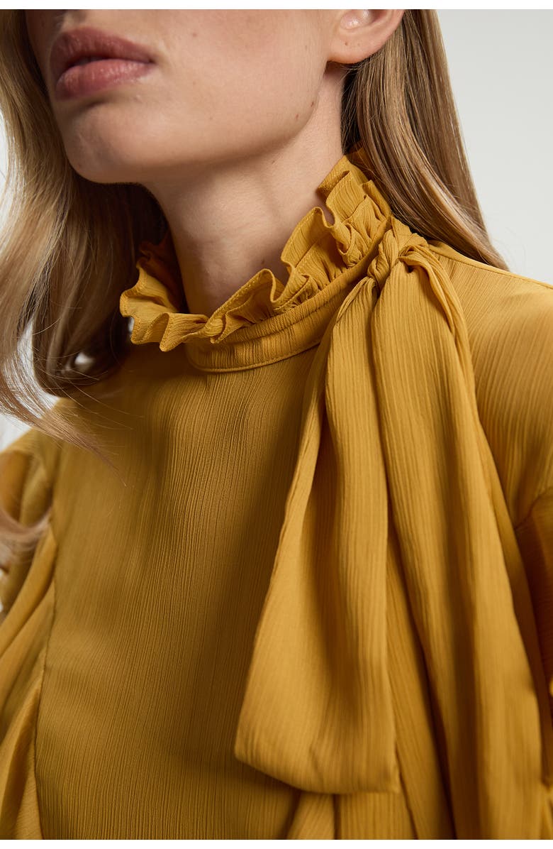 Karen Millen Georgette Ruffle Woven Pussybow Blouse, Alternate, color, Ochre