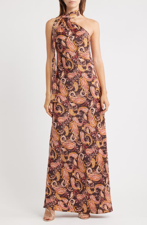WAYF Catia Paisley One-Shoulder Gown in Espresso Paisley 