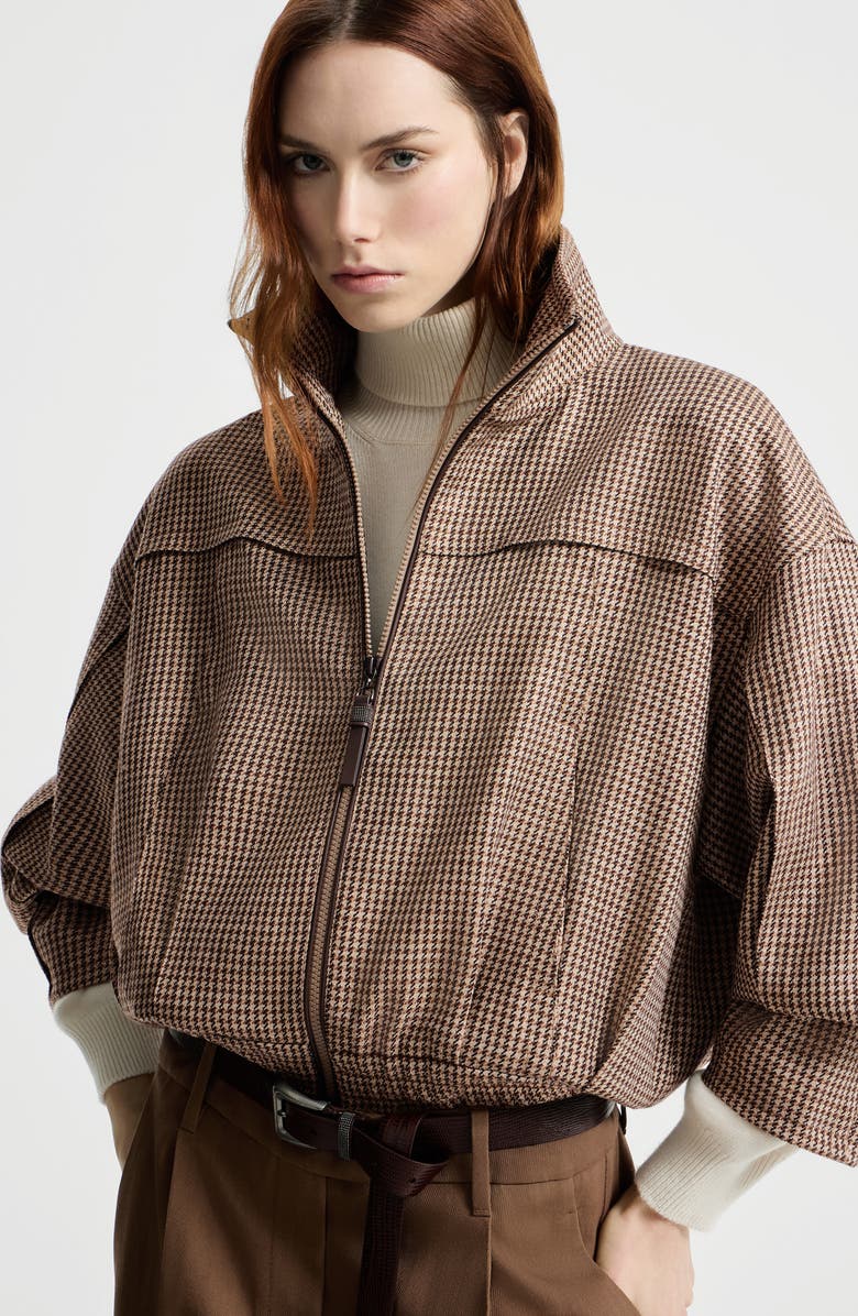 Brunello Cucinelli Sparkling houndstooth outerwear jacket, Alternate, color, Brown