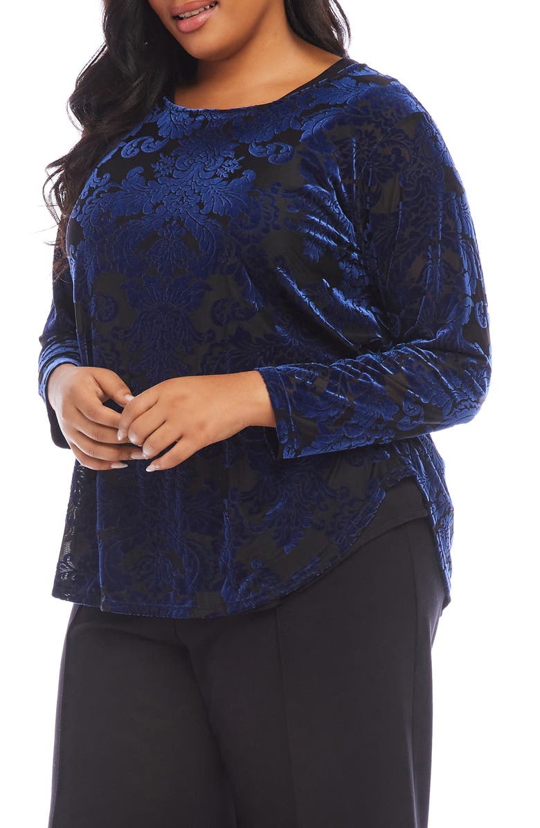 Karen Kane Floral Velvet Burnout Shirttail Top, Alternate, color, Blue
