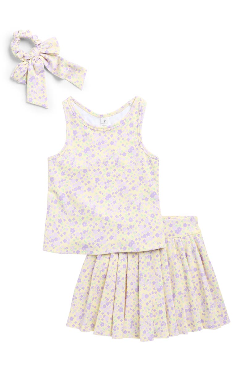 YOGALICIOUS Kids' Floral Tank, Pleated Skort & Bow Scrunchie Set, Main, color, Spring Reverie Daffodil