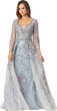 LARA New York Long Sleeve Lace Gown with Overskirt