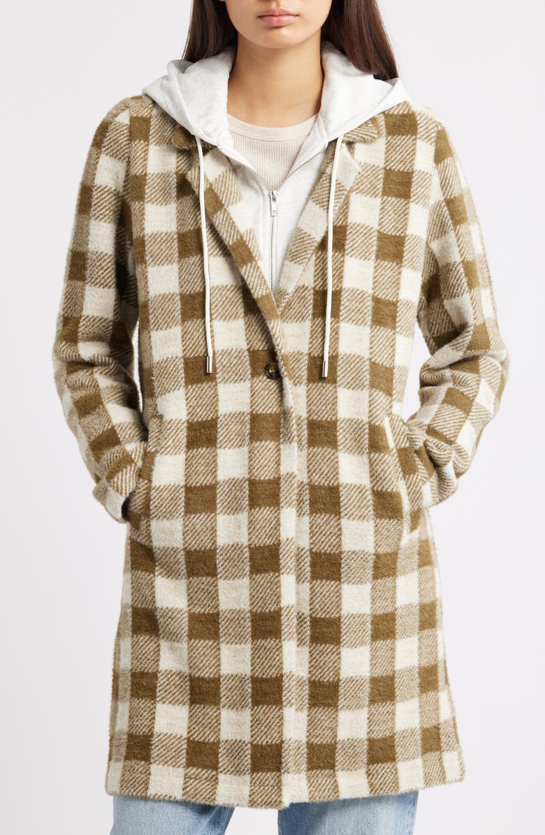 Thread & Supply Plaid Coat with Bib Hoodie, Alternate, color, White Sand Olive Plaid
