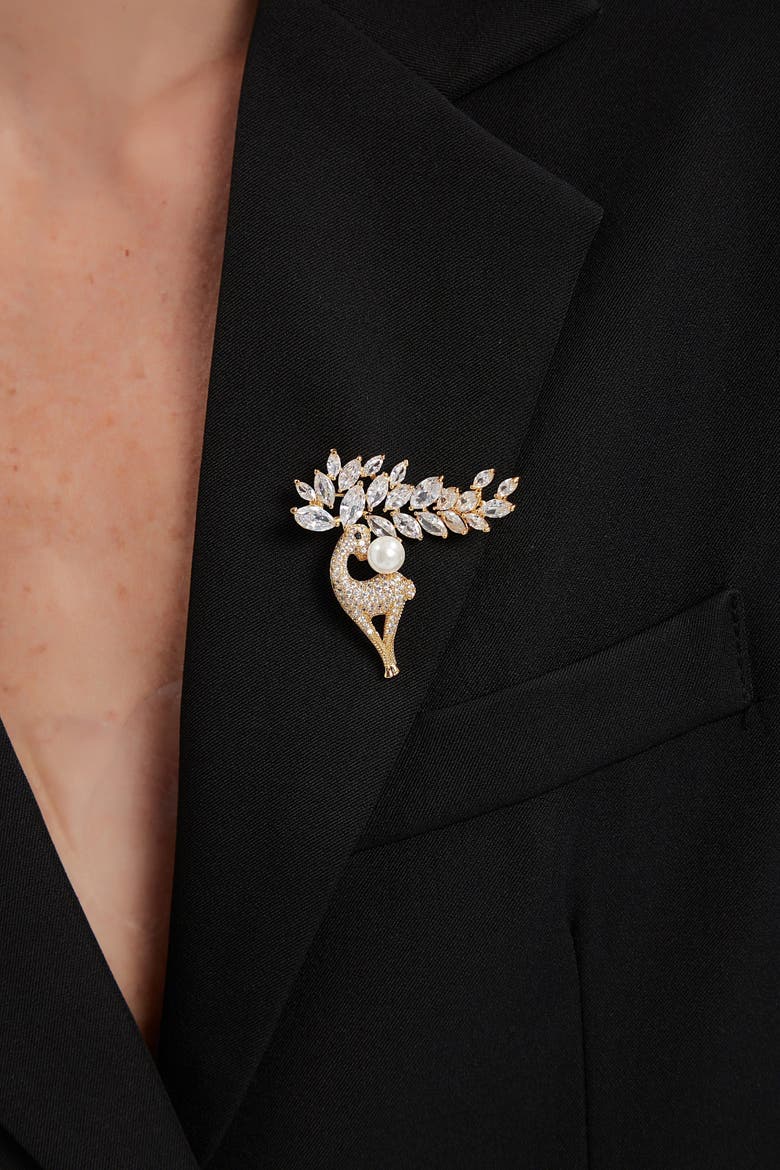 Pavé and Shell Pearl Reindeer Multi Way Brooch Pendant, Alternate, color, Gold