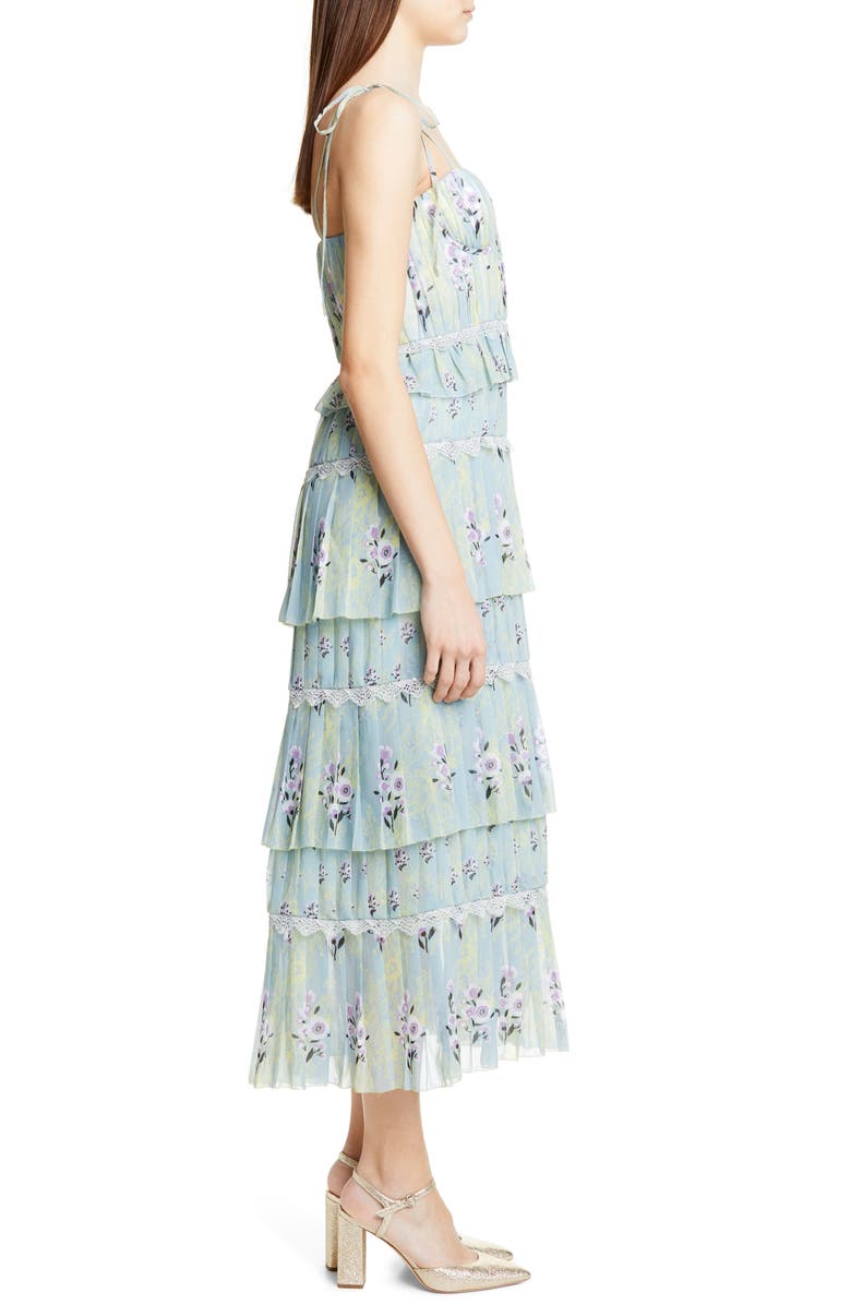 Self-Portrait Floral Pleated Tiered Chiffon Midi Dress, Alternate, color,