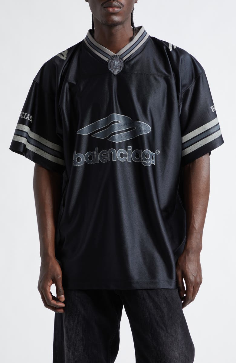 Balenciaga 3B Football Oversize V-Neck Jersey, Main, color, 1066 Black/ Anthracite