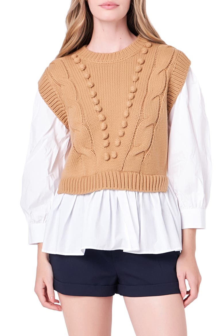 Mixed Media Cable Stitch Sweater, Main, color, TAN/ WHITE