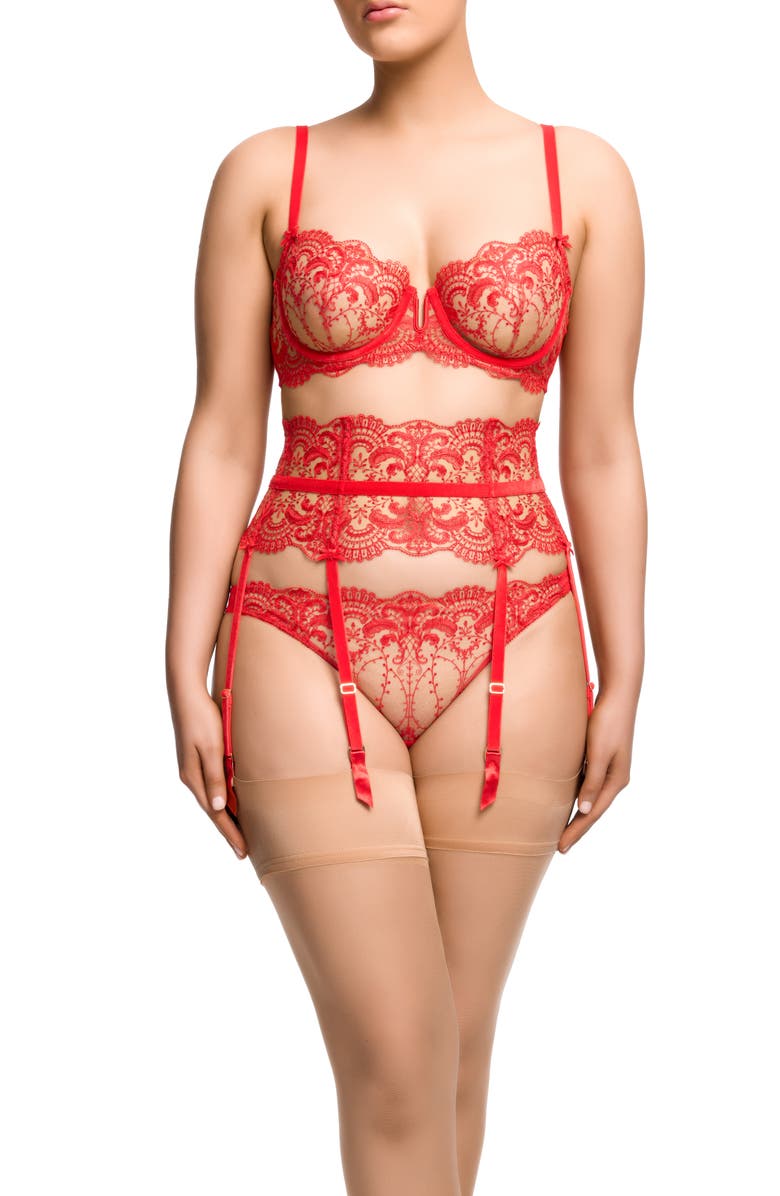 Dita Von Teese Nom de Plume Velvet Trim Underwire Balconette Bra, Alternate, color, Flame