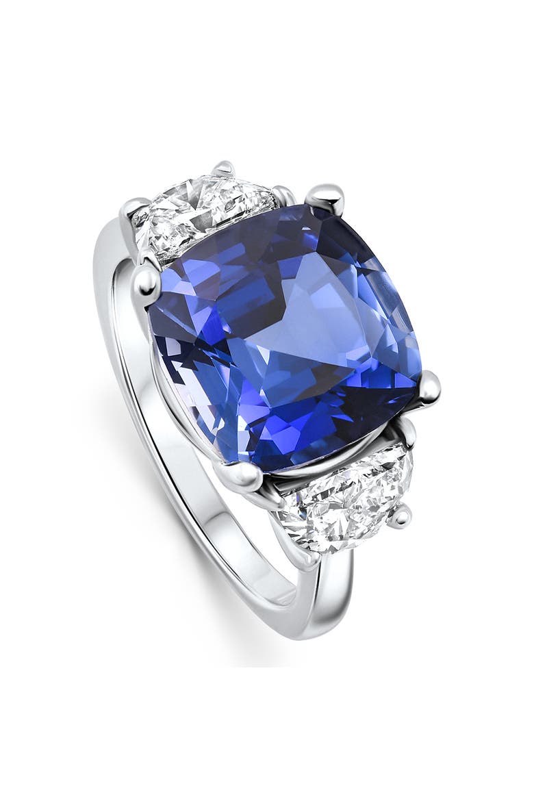 8.50Ct TW Cushion Blue Sapphire & Diamond 3-Stone Ring 14k Gold Lab Grown, Alternate, color, 14k White Gold