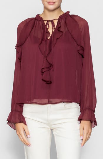 Melloday Ruffle Long Sleeve Top In Burgundy