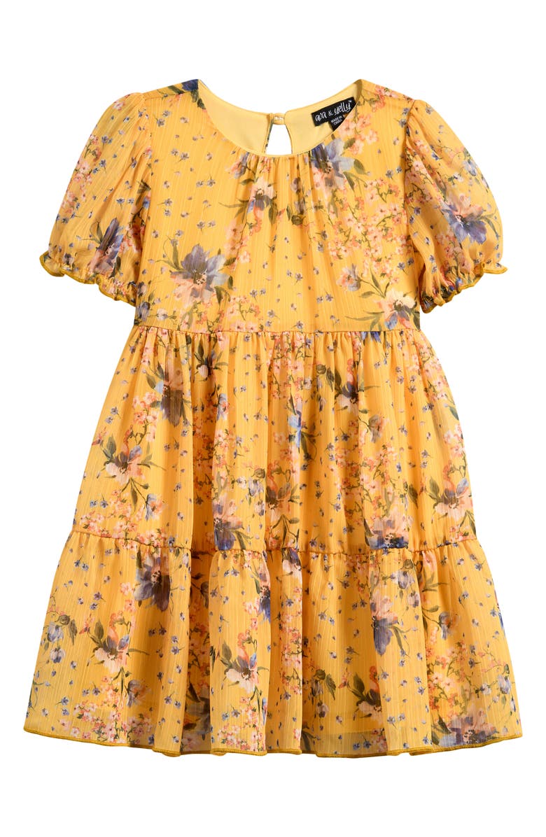 Ava & Yelly Kids' Puff Sleeve Tiered Chiffon Party Dress, Main, color, Yellow