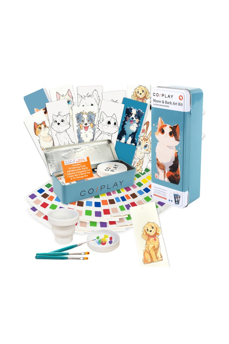 Watercolor Painting Art Kit Meow & Bark Tin Box, Kids 6+, Main, color, Multicolored