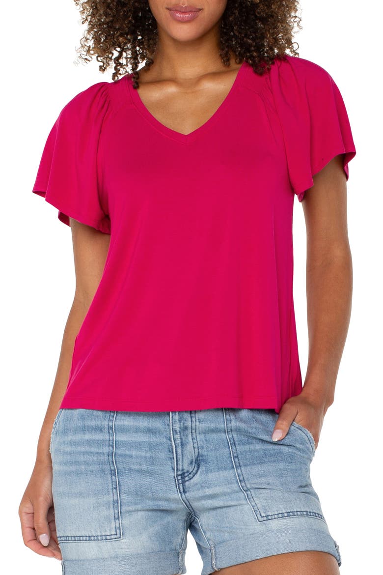 V-Neck Flutter Sleeve Jersey Top, Main, color, CERISE