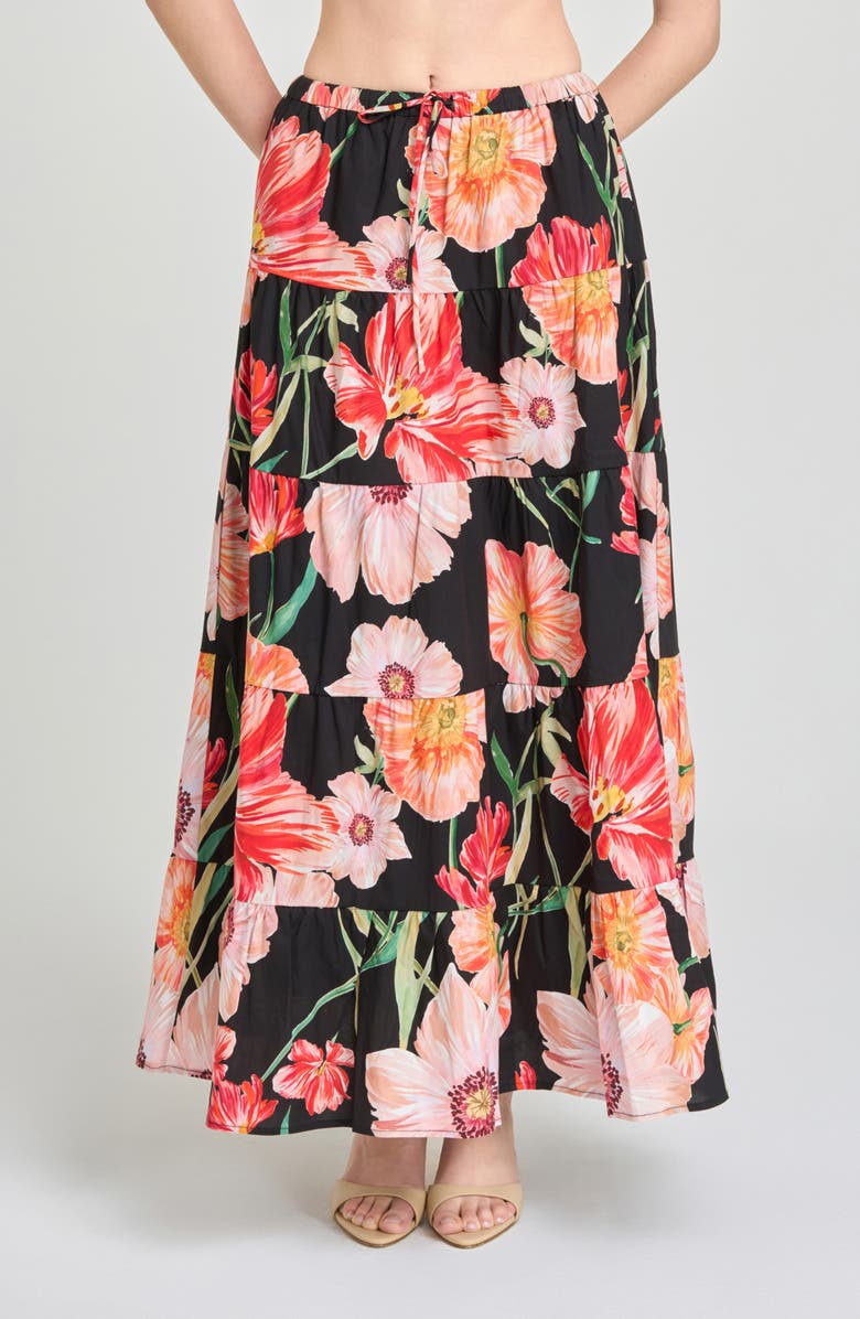 WAYF Marigold Tiered Midi Skirt, Main, color, Black Poppies