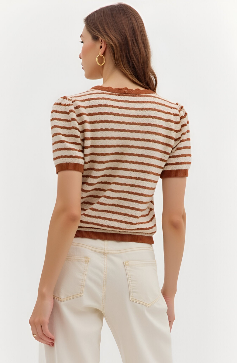 Modenaire Striped Short Sleeve Knit Top with Button Placket and Scallop Trim, Alternate, color, 