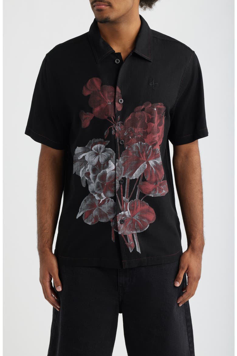 Flower Gradient Short Sleeve Cotton Twill Button-Up Shirt, Main, color, BLACK