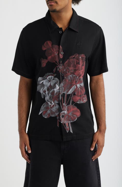 Flower Gradient Short Sleeve Cotton Twill Button-Up Shirt