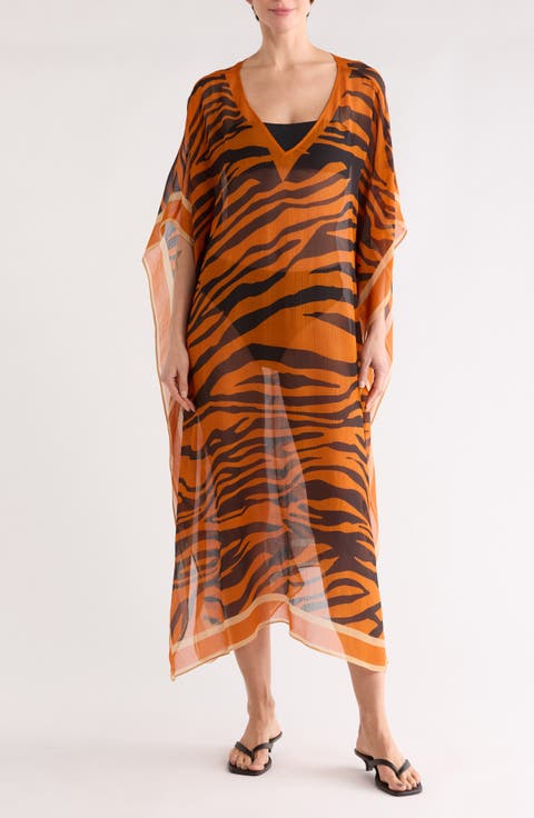 Kaia Zebra Print Silk Blend Cover-Up Caftan