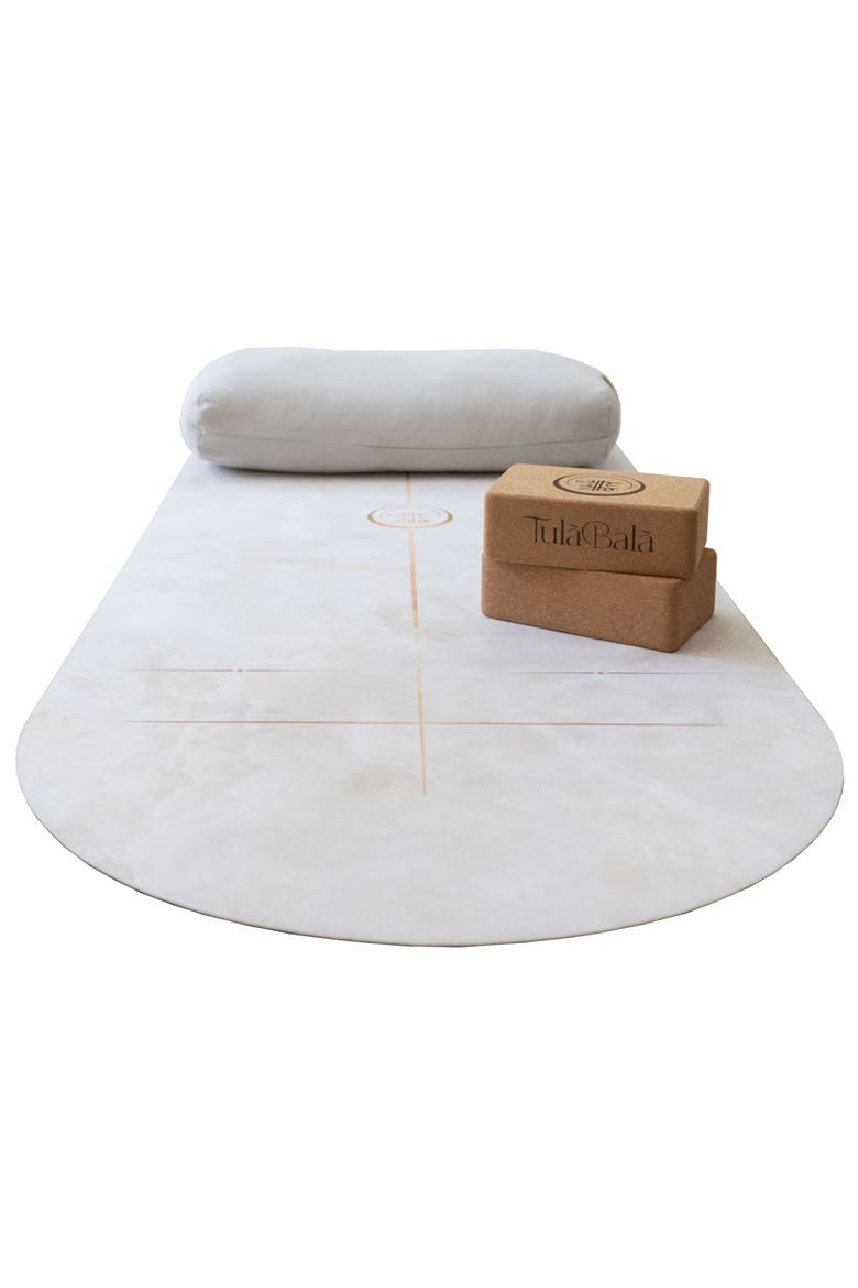 Align & Restore Set - Classic Curved Yoga Mat Set - Vegan Suede, Alternate, color, White Marble