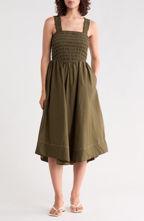 Smocked Cotton Poplin Fit & Flare Dress
