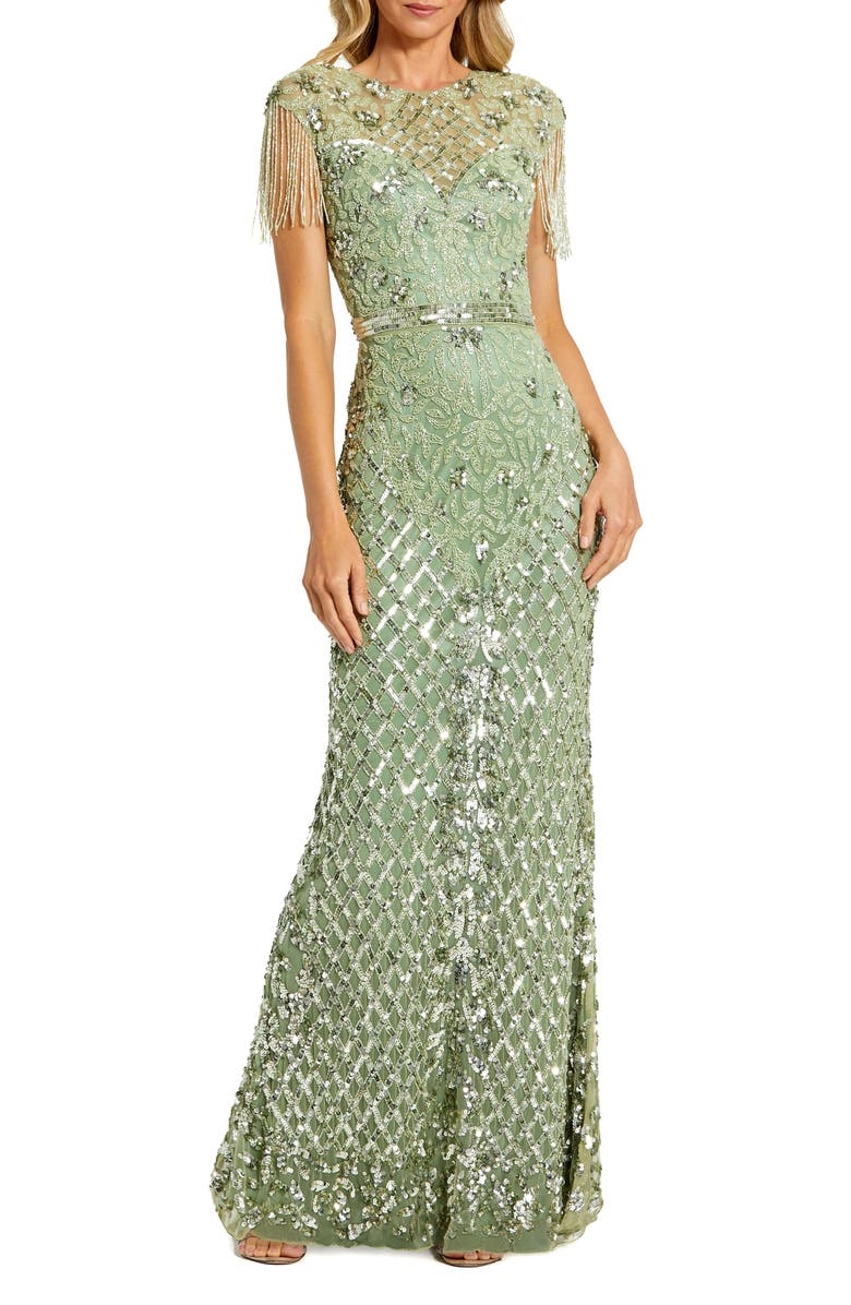 Mac Duggal Women's High Neck Beaded Fringe Fitted Gown, Main, color, Sage
