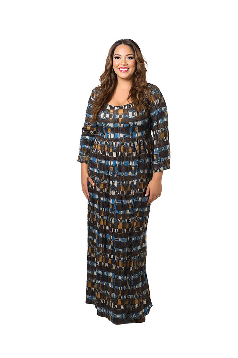 Plus Size Geometric Print Long Sleeve Empire Waist Maxi Dress, Main, color, Multi