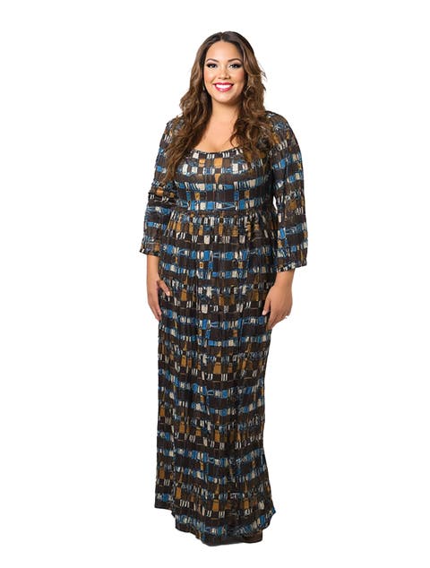 Plus Size Geometric Print Long Sleeve Empire Waist Maxi Dress