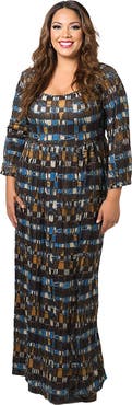 24seven Comfort Apparel Plus Size Geometric Print Long Sleeve Empire Waist Maxi Dress