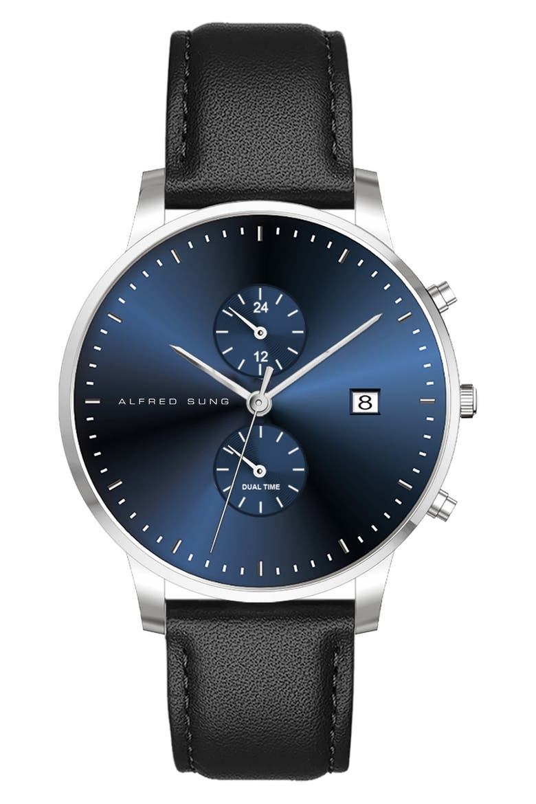 Dual Time Leather Strap Watch, 42mm, Main, color, BLACK