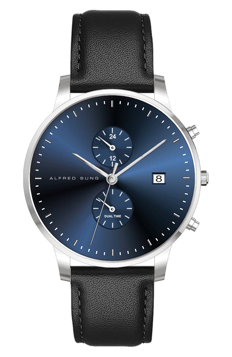 Alfred Sung Dual Time Leather Strap Watch, 42mm, Main, color, Black